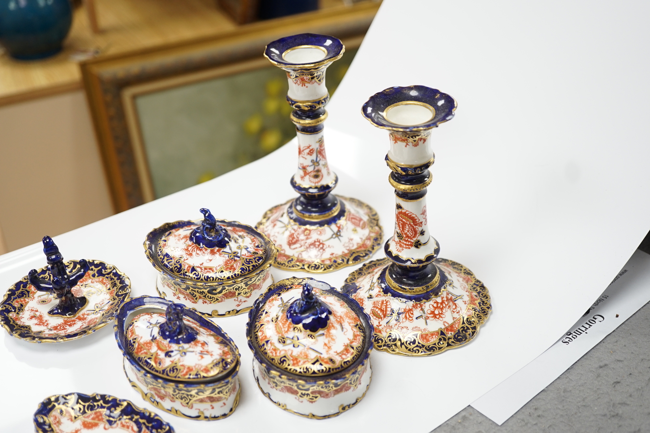 Seven Royal Crown Derby Imari dressing table items, pattern 2649, tallest 15cm